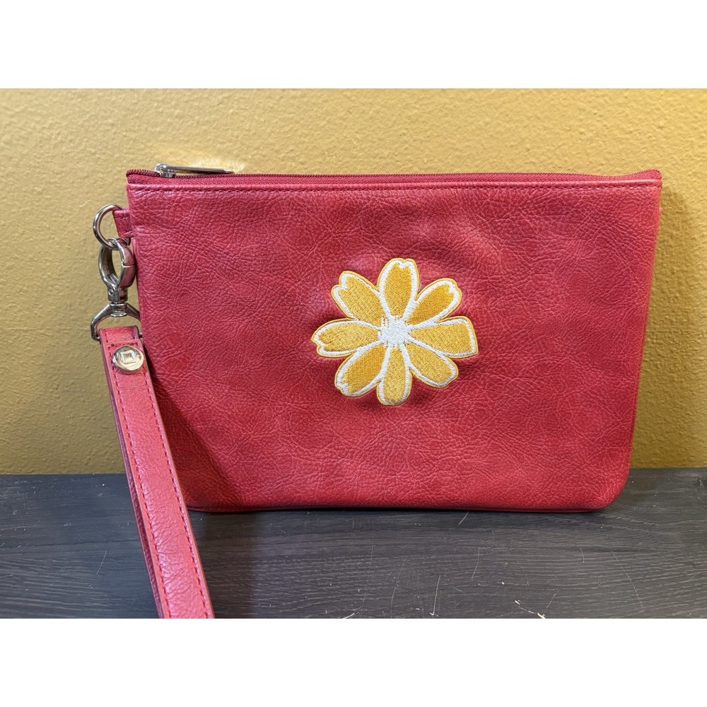 Thirty-One Mini Rubie Red Floral Embroidered Faux Leather Wristlet Bag